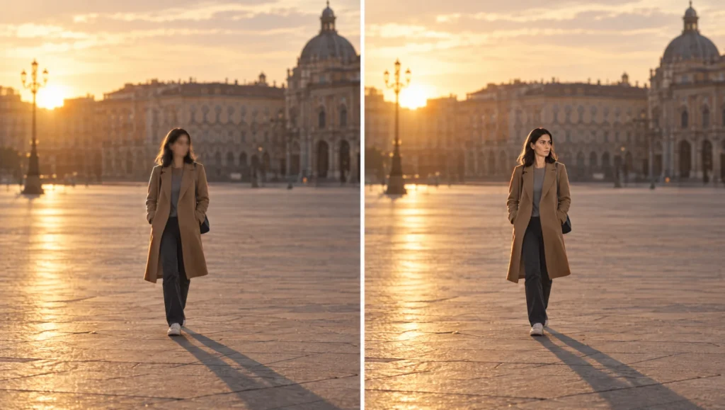 Two wide shots of an AI character crossing a square, the left with a soft generic face and the right with the face sharp and recognisable