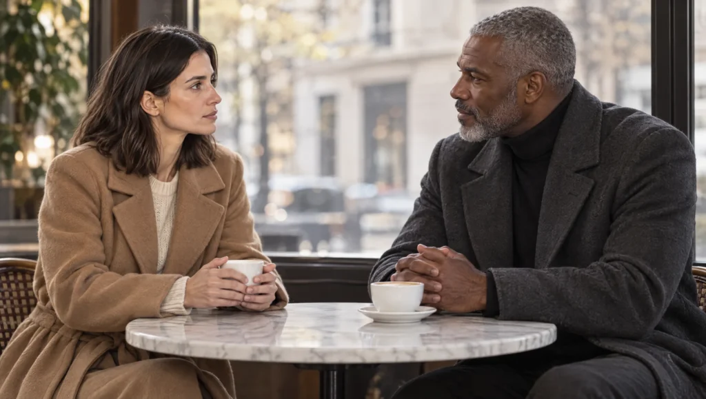 Two AI characters in one scene, a woman in a camel coat and a man in a charcoal coat, both faces consistent