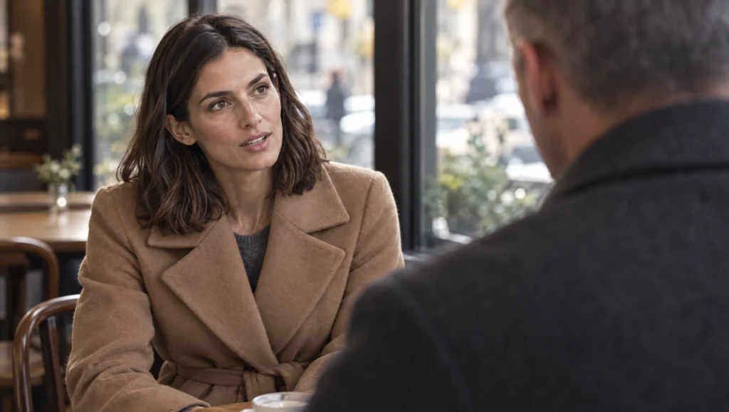 Over-the-shoulder single of an AI character in a cafe, with the second character's shoulder out of focus in the foreground