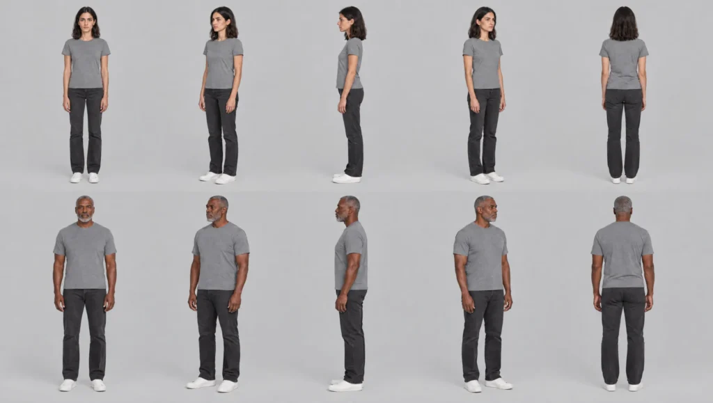 Two AI character turnaround sheets stacked, a slim woman with dark hair and a tall broad man with grey hair, designed as opposites