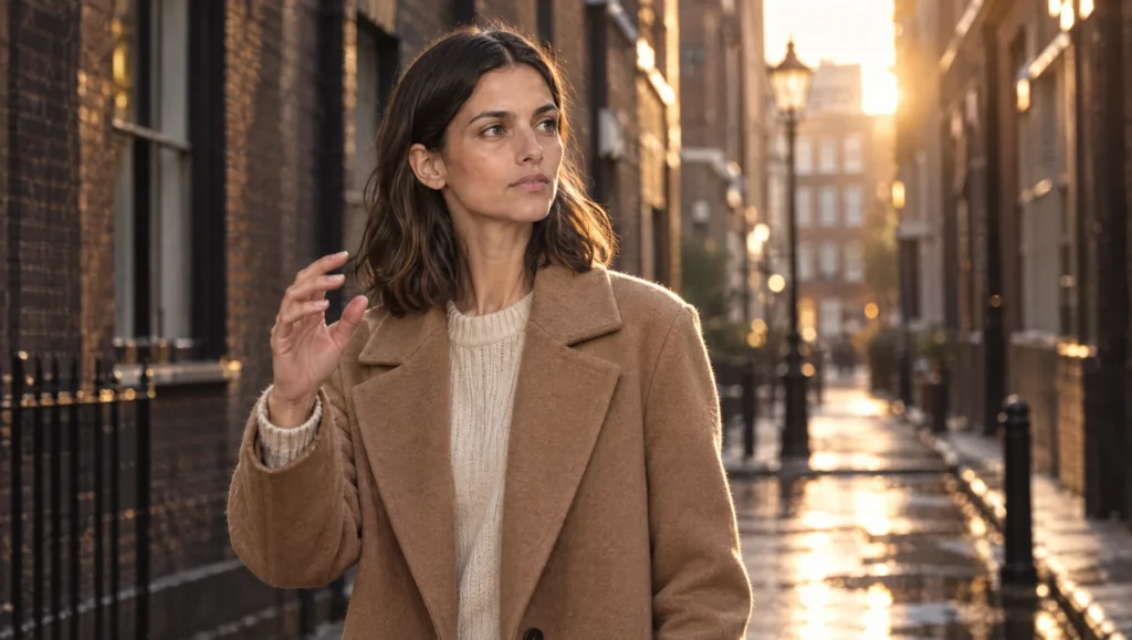 A woman on a London street raising an empty hand towards light falling between buildings