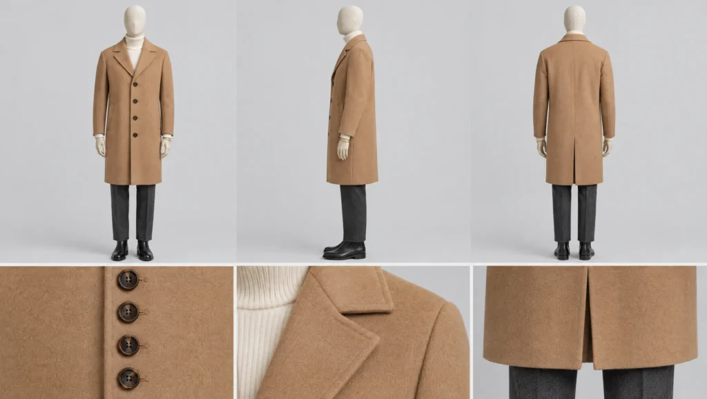 Wardrobe reference sheet showing front, side and back views of a camel overcoat outfit with detail close-ups